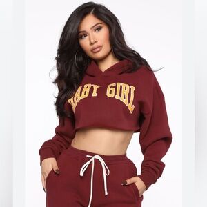 FASHIONNOVA Babygirl Sweatpants & crop hoodie set in Burgundy